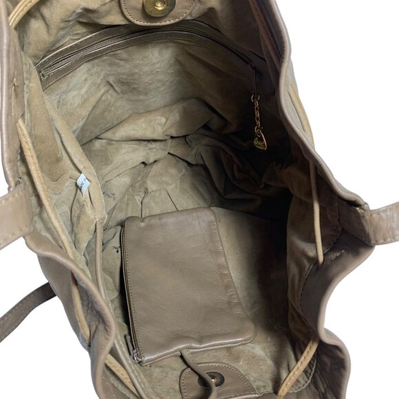 Brio! Taupe Leather Bucket Shoulder Bag Drawstring Adjustable Strap VTG 80s 90s - Picture 8 of 15